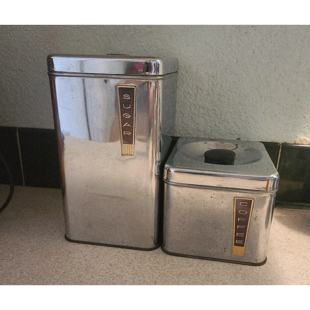 VTG Lincoln BeautyWare Chrome Canister Set of 2 Sugar Coffee 1950s‎ Atomic MCM